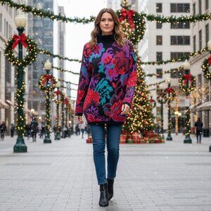 Carriage Court Women’s Mockturtle Pullover Sweater Colorful Knit Vintage Large